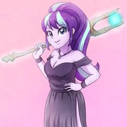 Size: 3543x3543 | Tagged: safe, artist:sumin6301, derpibooru import, starlight glimmer, equestria girls, bare shoulders, breasts, busty starlight glimmer, cleavage, clothes, dress, female, jewelry, necklace, pink background, s5 starlight, side slit, simple background, smiling, solo, staff, staff of sameness