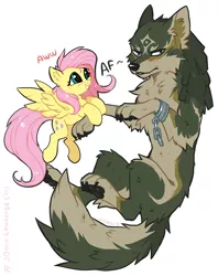 Size: 996x1255 | Tagged: safe, artist:hioshiru, derpibooru import, fluttershy, pegasus, pony, wolf, 30 minute art challenge, blushing, crossover, cute, duo, legend of zelda: twilight princess, link, shyabetes, simple background, smiling, sweet dreams fuel, the legend of zelda, the legend of zelda: twilight princess, white background, wolf link