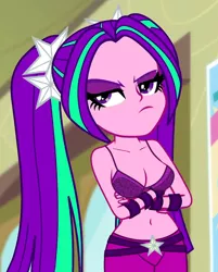Size: 1600x1988 | Tagged: suggestive, derpibooru import, edit, edited screencap, editor:ah96, screencap, aria blaze, equestria girls, rainbow rocks, belly button, bra, breast edit, breasts, cleavage, clothes, cropped, crossed arms, female, ms paint, pigtails, purple underwear, resting bitch face, sexy, solo, solo female, twintails, underwear, underwear edit