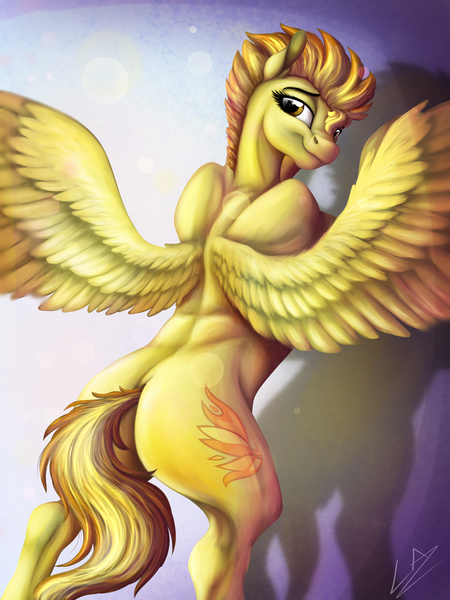 Size: 3000x4000 | Tagged: safe, artist:lupiarts, derpibooru import, spitfire, pegasus, pony, athlete, female, high res, lidded eyes, looking back, mare, plot, shadow, signature, solo