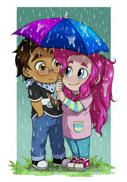 Size: 754x1074 | Tagged: safe, artist:hazurasinner, derpibooru import, pinkie pie, oc, oc:copper plume, human, blushing, canon x oc, chibi, clothes, commissioner:imperfectxiii, converse, copperpie, cute, diapinkes, female, glasses, humanized, male, neckerchief, pants, rain, shipping, shirt, shoes, sneakers, umbrella, wet