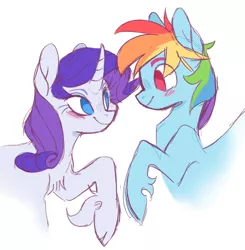 Size: 774x789 | Tagged: safe, artist:xenon, color edit, derpibooru import, edit, rainbow dash, rarity, classical unicorn, pegasus, pony, unicorn, blushing, cloven hooves, colored, cute, dashabetes, female, leonine tail, lesbian, looking at each other, mare, raised hoof, raribetes, raridash, shipping, simple background, smiling, unshorn fetlocks, white background