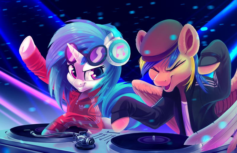 Size: 3960x2560 | Tagged: safe, artist:taneysha, derpibooru import, vinyl scratch, oc, oc:rack redstar, pegasus, pony, unicorn, adidas, clothes, club, commission, eyes closed, female, gopnik, hardbass, hat, headphones, lights, male, mare, music, slav, smiling, stallion, sunglasses, sweater, table, turntable