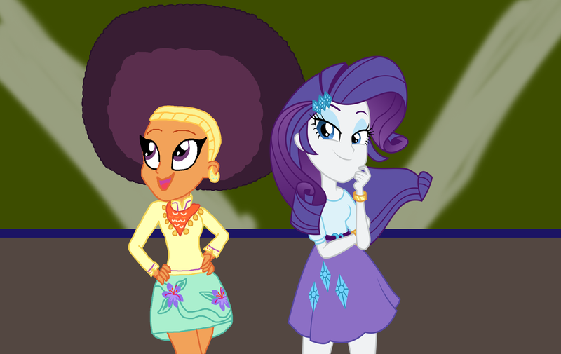 Size: 2000x1263 | Tagged: safe, artist:ktd1993, derpibooru import, edit, rarity, saffron masala, equestria girls, afro, equestria girls-ified, female, lesbian, raffron, runway, shipping