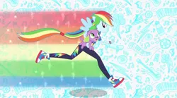 Size: 1024x570 | Tagged: safe, derpibooru import, screencap, rainbow dash, spike, spike the regular dog, dog, equestria girls, equestria girls series, converse, cute, dashabetes, female, hug, intro, male, rainbowspike, running, shipping, shoes, sneakers, spike the dog, straight