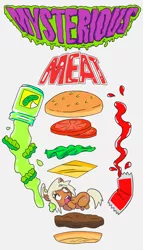 Size: 2000x3500 | Tagged: safe, alternate version, artist:skeletonburglar, derpibooru import, oc, oc:honey cream, unofficial characters only, pony, bread, burger, cheese, design, food, hamburger, imminent vore, ketchup, lettuce, looking up, meat, merchandise, pickles, sandwich, sauce, scared, screaming, shirt design, simple background, tomato, typography, white background