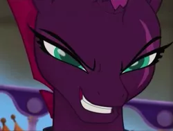 Size: 557x421 | Tagged: safe, derpibooru import, screencap, tempest shadow, unicorn, my little pony: the movie, angry, broken horn, cropped, eye scar, faic, female, scar, smiling, smirk, smug, smugest shadow, solo