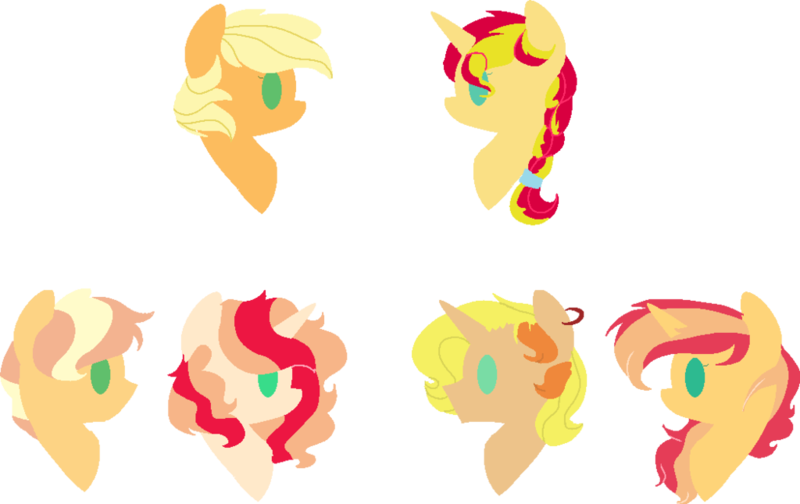 Size: 1024x645 | Tagged: safe, artist:belladrawsstuff2004, derpibooru import, applejack, sunset shimmer, oc, oc:blaze, oc:caramel apple, oc:dusk apple, oc:serenity, earth pony, pony, unicorn, alternate hairstyle, appleshimmer, family, female, lesbian, magical lesbian spawn, offspring, parent:applejack, parent:sunset shimmer, parents:appleshimmer, shipping, simple background, transparent background