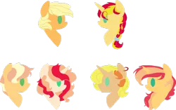 Size: 1024x645 | Tagged: safe, artist:belladrawsstuff2004, derpibooru import, applejack, sunset shimmer, oc, oc:blaze, oc:caramel apple, oc:dusk apple, oc:serenity, earth pony, pony, unicorn, alternate hairstyle, appleshimmer, family, female, lesbian, magical lesbian spawn, offspring, parent:applejack, parent:sunset shimmer, parents:appleshimmer, shipping, simple background, transparent background