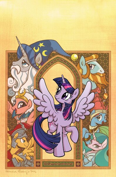 Size: 787x1195 | Tagged: safe, artist:brendahickey, derpibooru import, idw, flash magnus, meadowbrook, mistmane, rockhoof, somnambula, star swirl the bearded, twilight sparkle, twilight sparkle (alicorn), alicorn, earth pony, pegasus, pony, unicorn, legends of magic, spoiler:comic, spoiler:comiclom1, armor, beard, cover, curved horn, facial hair, female, glare, hat, lidded eyes, looking at you, looking back, male, mare, open mouth, pillars of equestria, smiling, smirk, spread wings, stallion, wings