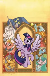 Size: 787x1195 | Tagged: safe, artist:brendahickey, derpibooru import, idw, flash magnus, meadowbrook, mistmane, rockhoof, somnambula, star swirl the bearded, twilight sparkle, twilight sparkle (alicorn), alicorn, earth pony, pegasus, pony, unicorn, legends of magic, spoiler:comic, spoiler:comiclom1, armor, beard, cover, curved horn, facial hair, female, glare, hat, lidded eyes, looking at you, looking back, male, mare, open mouth, pillars of equestria, smiling, smirk, spread wings, stallion, wings