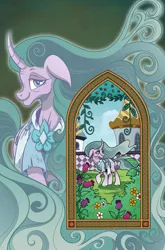 Size: 787x1195 | Tagged: safe, artist:brendahickey, derpibooru import, idw, mistmane, pony, unicorn, legends of magic, spoiler:comic, spoiler:comiclom3, canterlot castle, comic cover, cover, curved horn, female, mare, old