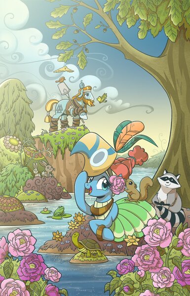 Size: 807x1257 | Tagged: safe, artist:brendahickey, derpibooru import, idw, meadowbrook, rockhoof, bird, earth pony, frog, pony, rabbit, raccoon, squirrel, turtle, legends of magic, spoiler:comic, spoiler:comiclom8, animal, cover, female, flower, healer's mask, male, mare, mask, meadowcute, official comic, pond, rockhoof's shovel, rose, speech bubble, stallion, tree