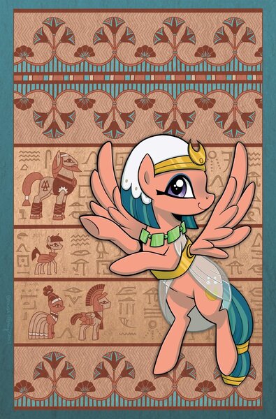 Size: 787x1194 | Tagged: safe, artist:brendahickey, derpibooru import, idw, flash magnus, meadowbrook, rockhoof, somnambula, stygian, pegasus, pony, legends of magic, spoiler:comic, spoiler:comiclom10, cover, hieroglyphics, solo focus