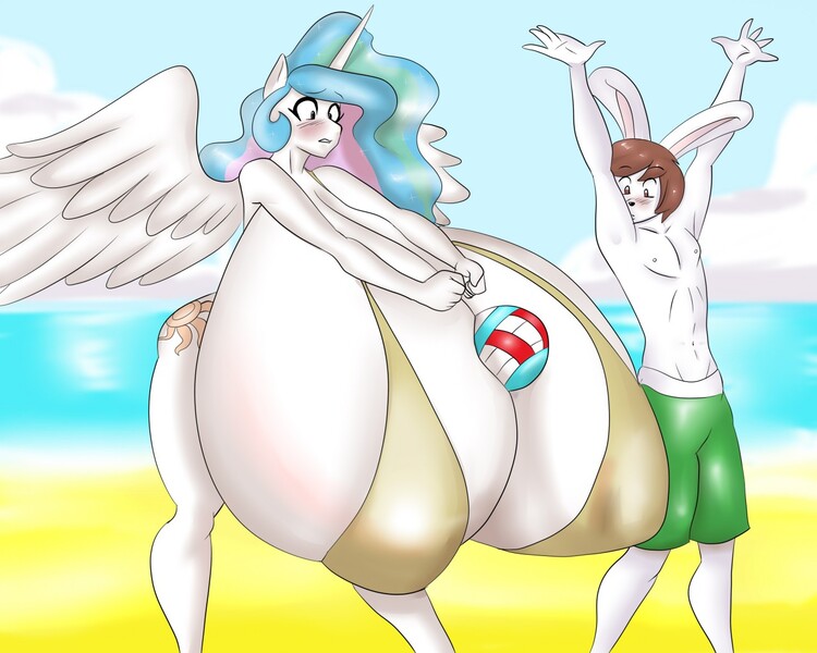 Size: 1280x1024 | Tagged: animal, anthro, anthro oc, armpits, artist:chipi, artist:marauder6272, beach, beach ball, big breasts, blushing, breasts, bunny ears, busty princess celestia, cleavage, derpibooru import, furry, huge breasts, hyper, hyper breasts, impossibly large breasts, non-mlp oc, non-pony oc, oc, princess celestia, questionable, rabbit, sports, volleyball