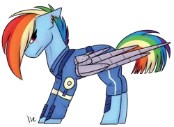 Size: 530x385 | Tagged: safe, artist:yourbestnightmaree, derpibooru import, rainbow dash, pegasus, pony, alternate timeline, amputee, apocalypse dash, augmented, clothes, crystal war timeline, female, looking at you, mare, military, military uniform, prosthetic limb, prosthetic wing, prosthetics, scar, signature, simple background, solo, torn ear, transparent background, uniform