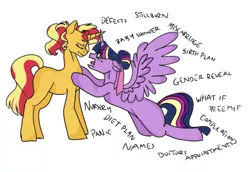Size: 870x599 | Tagged: safe, artist:ficklepickle9421, derpibooru import, sunset shimmer, twilight sparkle, twilight sparkle (alicorn), alicorn, series:sunlightsentry weekly, crying, female, lesbian, overreaction, panic, pregnant, shipping, simple background, sunsetsparkle