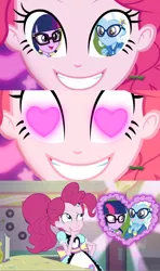 Size: 1280x2160 | Tagged: safe, derpibooru import, pinkie pie, sci-twi, trixie, twilight sparkle, best trends forever, coinky-dink world, eqg summertime shorts, equestria girls, equestria girls series, female, glasses, heart eyes, lesbian, meme, pinkie's eyes, sci-twixie, shipping, twixie, wingding eyes