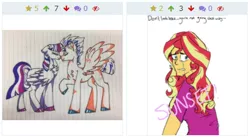 Size: 435x240 | Tagged: safe, artist:ficklepickle9421, derpibooru import, flash sentry, sunset shimmer, twilight sparkle, twilight sparkle (alicorn), alicorn, derpibooru, series:sunlightsentry weekly, boop, eyes closed, female, flashlight, implied flashimmer, implied lesbian, implied shipping, implied straight, implied sunsetsparkle, juxtaposition, lined paper, male, meta, noseboop, nuzzling, shipping, straight, traditional art