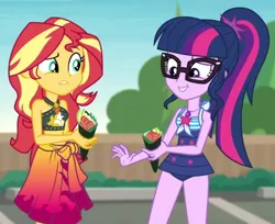 Size: 1140x930 | Tagged: safe, derpibooru import, screencap, sci-twi, sunset shimmer, twilight sparkle, equestria girls, equestria girls series, x marks the spot, bikini, clothes, cropped, duo, duo female, female, food, midriff, sarong, sushi, swimsuit
