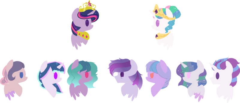 Size: 1024x441 | Tagged: safe, artist:belladrawsstuff2004, derpibooru import, princess celestia, twilight sparkle, twilight sparkle (alicorn), oc, oc:lost legacy, oc:moonstone, oc:sapphire harmony, oc:shooting star, oc:silver star, oc:solar snowflake, oc:stars, alicorn, earth pony, pegasus, pony, unicorn, alicorn oc, alternate hairstyle, crown, ethereal mane, family, female, hair bun, jewelry, lesbian, magical lesbian spawn, male, mare, offspring, parent:princess celestia, parent:twilight sparkle, parents:twilestia, regalia, shipping, simple background, stallion, transparent background, twilestia