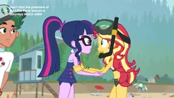 Size: 1920x1080 | Tagged: safe, derpibooru import, screencap, sci-twi, sunset shimmer, timber spruce, twilight sparkle, equestria girls, equestria girls series, unsolved selfie mysteries, bikini, clothes, female, lifeguard timber, male, midriff, snorkel, swimsuit