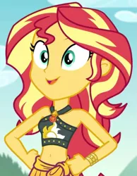 Size: 825x1065 | Tagged: safe, derpibooru import, sunset shimmer, equestria girls, equestria girls series, unsolved selfie mysteries, belly button, bikini, bikini top, clothes, cropped, geode of empathy, midriff, sarong, solo, swimsuit