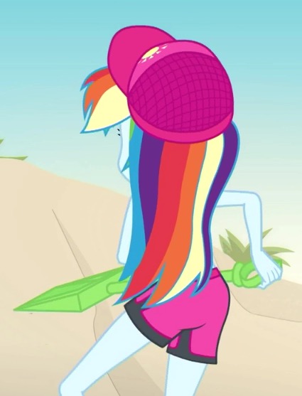 Size: 425x557 | Tagged: safe, derpibooru import, screencap, rainbow dash, aww... baby turtles, equestria girls, equestria girls series, beach, cap, clothes, cropped, cute, dashabetes, hat, rainbutt dash, shorts, shovel, swimming trunks, swimsuit