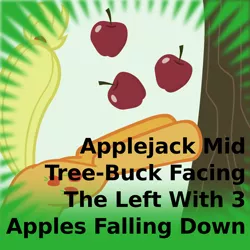 Size: 1024x1024 | Tagged: safe, artist:adog0718, artist:liggliluff, artist:scrimpeh, artist:walrusinc, derpibooru import, edit, applejack, pony, derpibooru, apple, apple tree, applebucking, applejack mid tree-buck facing the left with 3 apples falling down, applejack mid tree-buck with 3 apples falling down, extremely specific spoiler tag, falling, food, meta, official spoiler image, solo, spoilered image joke, tree