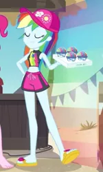 Size: 263x438 | Tagged: safe, derpibooru import, screencap, rainbow dash, equestria girls, equestria girls series, too hot to handle, barefoot, bikini, bikini top, cap, clothes, cropped, cute, dashabetes, eyes closed, feet, flip-flops, geode of super speed, hat, magical geodes, sandals, show off, snowcone, swimming trunks, swimsuit, tray