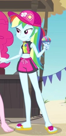 Size: 219x450 | Tagged: safe, derpibooru import, screencap, rainbow dash, equestria girls, equestria girls series, too hot to handle, bikini, bikini top, cap, clothes, cropped, cute, dashabetes, feet, flip-flops, geode of super speed, hat, magical geodes, sandals, snowcone, swimming trunks, swimsuit