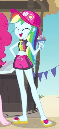 Size: 207x452 | Tagged: safe, derpibooru import, screencap, rainbow dash, equestria girls, equestria girls series, too hot to handle, bikini, bikini top, cap, clothes, cropped, cute, dashabetes, feet, flip-flops, geode of super speed, hat, laughing, magical geodes, sandals, snowcone, swimming trunks, swimsuit