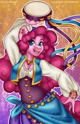 Size: 990x1530 | Tagged: anthro, artist:bumblebun, bard, bard pie, clothes, derpibooru import, fantasy class, female, gypsy bard, gypsy pie, jewelry, musical instrument, necklace, open mouth, part of a set, pinkie pie, regalia, safe, solo, tambourine