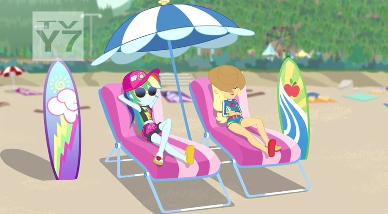 Size: 1024x567 | Tagged: safe, derpibooru import, screencap, applejack, rainbow dash, equestria girls, equestria girls series, lost and found, bikini, cap, clothes, cute, dashabetes, feet, flip-flops, hat, jackabetes, sandals, sexy, sunglasses, surfboard, swimming trunks, swimsuit, tv-y7, umbrella