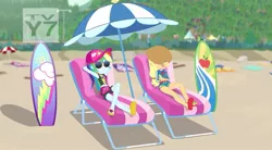 Size: 1024x567 | Tagged: safe, derpibooru import, screencap, applejack, rainbow dash, equestria girls, equestria girls series, lost and found, bikini, cap, clothes, cute, dashabetes, feet, flip-flops, hat, jackabetes, sandals, sexy, sunglasses, surfboard, swimming trunks, swimsuit, tv-y7, umbrella