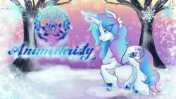 Size: 1024x576 | Tagged: safe, artist:animechristy, derpibooru import, oc, oc:sapphire heart song, unicorn, channel banner, floofy mane, magic, oc redesign, redesign, snow, snowflake, tree, winter