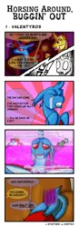 Size: 1070x3089 | Tagged: safe, artist:hywther, artist:vertexthechangeling, derpibooru import, oc, oc:hywther, oc:vertexthechangeling, unofficial characters only, changedling, changeling, unicorn, comic:horsing around buggin' out, changedling oc, couch, crying, drool, drool string, hearts and hooves day, hercules games, holiday, jontron, love, sega genesis, stomach ache, sunburst background, tears of pain, valentine's day