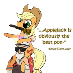 Size: 1720x1720 | Tagged: safe, artist:phat_guy, derpibooru import, applejack, earth pony, human, pony, australium, beard, best pony, clothes, cosmetics, crossover, cute, dialogue, dungarees, duo, engineer, english, facial hair, female, glasses, gloves, hat, holding, jackabetes, man, mare, moustache, mouth hold, overalls, piggyback ride, pointing, quote, raised hoof, shirt, simple background, sunglasses, team fortress 2, tool, transparent background, uncle dane, unusual hat, video game, wrench