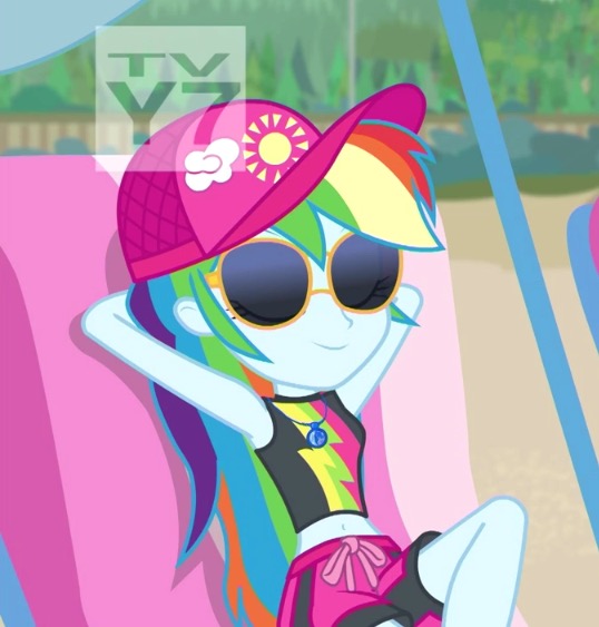 Size: 538x563 | Tagged: safe, derpibooru import, screencap, rainbow dash, equestria girls, equestria girls series, lost and found, belly button, bikini, bikini top, cap, clothes, cropped, cute, dashabetes, hat, midriff, sexy, sunglasses, swimming trunks, swimsuit