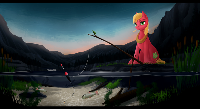 Size: 4414x2406 | Tagged: safe, artist:dezdark, derpibooru import, big macintosh, earth pony, fish, pony, fishing, fishing rod, male, sitting, stallion, underwater, water