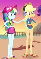 Size: 331x477 | Tagged: safe, derpibooru import, screencap, applejack, rainbow dash, equestria girls, equestria girls series, lost and found, bikini, bikini top, cap, clothes, cropped, cute, dashabetes, feet, hat, jackabetes, sandals, swimming trunks, swimsuit