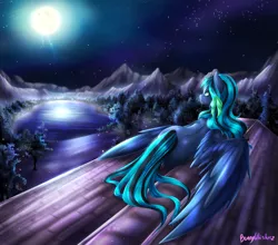 Size: 1563x1377 | Tagged: safe, artist:bunnywhiskerz, derpibooru import, part of a set, oc, oc:midnight mist, unofficial characters only, pegasus, pony, barn, commission, female, full moon, lake, moon, night, roof, scenery, sky, solo, stars, tree