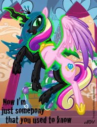 Size: 720x937 | Tagged: safe, artist:texasuberalles, derpibooru import, princess cadance, queen chrysalis, alicorn, changeling, pony, changeling magic, character to character, crown, digital art, disguise, disguised changeling, duality, fake cadance, fangs, female, flower, flying, gotye, hoof shoes, jewelry, looking at you, lyrics, lyrics in the description, magic, mare, open mouth, peytral, regalia, solo, somebody that i used to know, song reference, text, transformation
