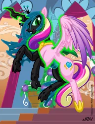 Size: 720x937 | Tagged: safe, artist:texasuberalles, derpibooru import, princess cadance, queen chrysalis, alicorn, changeling, pony, changeling magic, character to character, crown, digital art, disguise, disguised changeling, duality, fake cadance, fangs, female, flower, flying, hoof shoes, jewelry, looking at you, mare, open mouth, peytral, regalia, solo, transformation