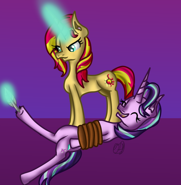 Size: 1470x1501 | Tagged: suggestive, artist:commandereclipse, derpibooru import, starlight glimmer, sunset shimmer, pony, unicorn, bondage, erotic tickling, eyes closed, feather, female, females only, fetish, glowing horn, hoof fetish, laughing, lesbian, magic, mare, open mouth, rope, rope bondage, shimmerglimmer, shipping, telekinesis, tickle fetish, tickle torture, tickling, tied up, underhoof