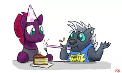 Size: 1500x900 | Tagged: safe, artist:pacificgreen, derpibooru import, grubber, tempest shadow, hedgehog, pony, unicorn, my little pony: the movie, cake, food, fork, hat, party hat, party horn, smiling