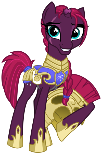 Size: 2000x3000 | Tagged: safe, alternate version, artist:cheezedoodle96, derpibooru import, fizzlepop berrytwist, tempest shadow, pony, unicorn, my little pony: the movie, .svg available, alternate hairstyle, armor, braid, broken horn, eye scar, female, grin, headcanon, helmet, hoof hold, looking at you, mare, raised hoof, reformed, royal guard, royal guard armor, scar, show accurate, simple background, smiling, solo, svg, tail wrap, tempest becomes a royal guard, transparent background, vector