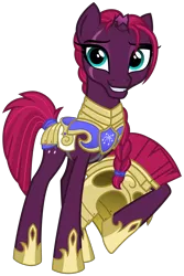Size: 2000x3000 | Tagged: safe, alternate version, artist:cheezedoodle96, derpibooru import, fizzlepop berrytwist, tempest shadow, pony, unicorn, my little pony: the movie, .svg available, alternate hairstyle, armor, braid, broken horn, eye scar, female, grin, headcanon, helmet, hoof hold, looking at you, mare, raised hoof, reformed, royal guard, royal guard armor, scar, show accurate, simple background, smiling, solo, svg, tail wrap, tempest becomes a royal guard, transparent background, vector