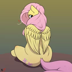 Size: 4000x4000 | Tagged: safe, artist:mr.smile, derpibooru import, fluttershy, pegasus, pony, blushing, cute, daaaaaaaaaaaw, dock, female, flutterbutt, looking at you, looking back, looking back at you, mare, shy, shyabetes, sitting, solo, wings