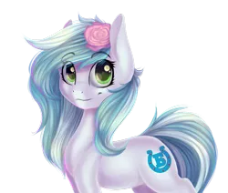 Size: 1023x866 | Tagged: dead source, safe, artist:freckleplant, derpibooru import, oc, unofficial characters only, earth pony, pony, blue mane, cute, cutie mark, eye clipping through hair, female, flower, flower in hair, green eyes, looking at you, mare, simple background, smiling, solo, transparent background